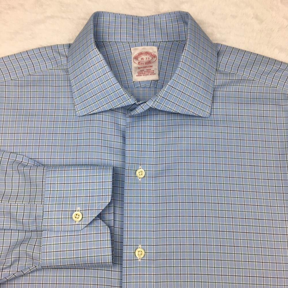 Brooks‎ Brothers Dress Shirt Men's 16-33 Blue Check Madison Fit Non Iron